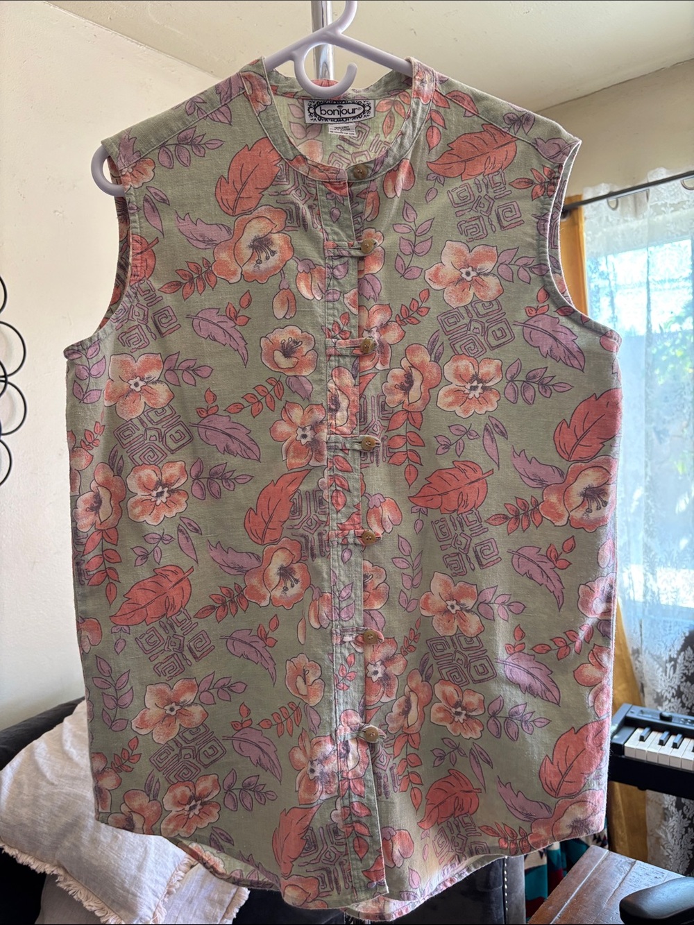 Vintage Sleeveless Linen Delicate Asian Watercolor Floral Blouse Size L